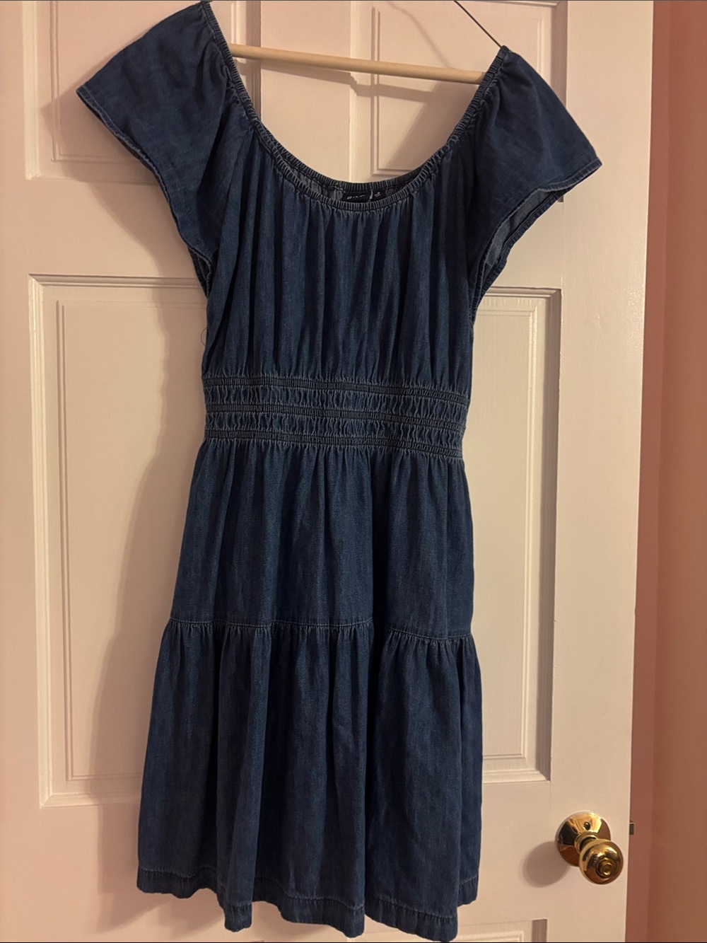 GAP Dark Blue Denim Off-Shoulder Tiered Dress
